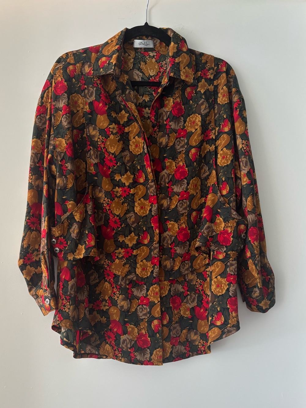 Floral Button-Up Blouse - Red & Mustard fall colour blouse in size L